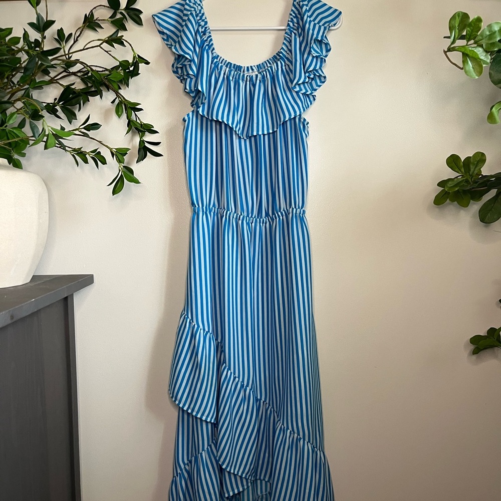 Tommy Bahama Blue and White Striped Ruffle Dress - Size Medium